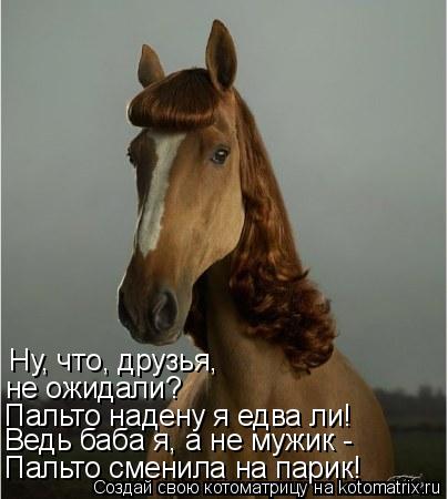 Ну, что, друзья, не ожидали? Пальто надену я едва ли! Ведь баба я, а не мужик - Пальто сменила на па... Котоматрица: Ну, что, друзья, не ожидали? Пальто надену я едва ли! Ведь баба я, а не мужик - Пальто сменила на парик!
