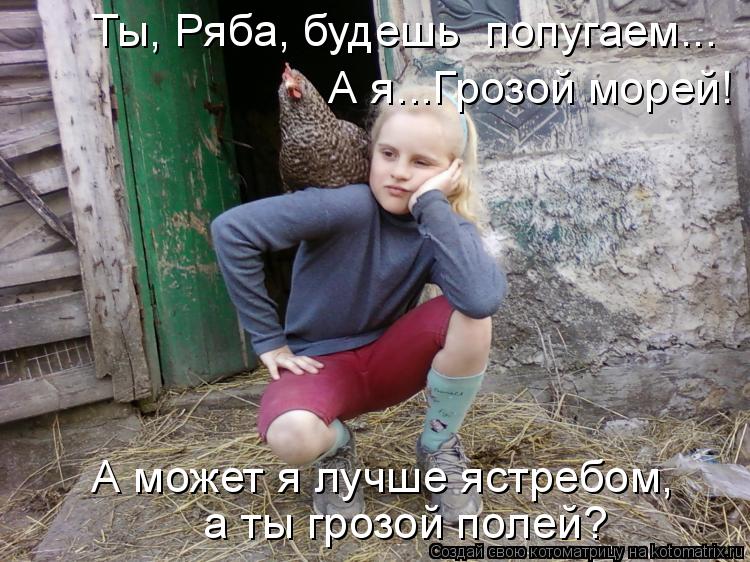 Ты, Ряба, будешь попугаем... А я...Грозой морей! А может я лучше ястребом, а ты грозой полей?... Котоматрица: Ты, Ряба, будешь попугаем... А я...Грозой морей! А может я лучше ястребом, а ты грозой полей?