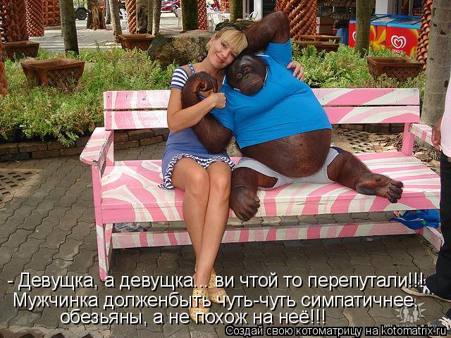 - Девущка, а девущка... ви чтой то перепутали!!! Мужчинка долженбыть чуть-чуть симпатичнее, обезьяны,... Котоматрица: - Девущка, а девущка... ви чтой то перепутали!!! Мужчинка долженбыть чуть-чуть симпатичнее, обезьяны, а не похож на неё!!!