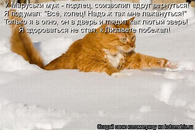 У Маруськи муж - подлец, соизволил вдруг вернуться! Я подумал: "Всё, копец! Надо ж так мне лажануться... Котоматрица: У Маруськи муж - подлец, соизволил вдруг вернуться! Я подумал: "Всё, копец! Надо ж так мне лажануться!" Только я в окно, он в дверь и глядит как л
