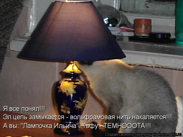Я все понял!!! Эл.цепь замыкается - вольфрамовая нить накаляется!!! А вы: "Лампочка Ильича". Тьфу - Т... Котоматрица: Я все понял!!! Эл.цепь замыкается - вольфрамовая нить накаляется!!! А вы: "Лампочка Ильича". Тьфу - ТЕМНОООТА!!!