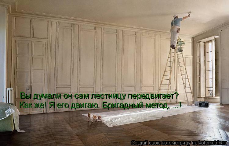 Котоматрица: Вы думали он сам лестницу передвигает?  Как же! Я его двигаю. Бригадный метод, ...!