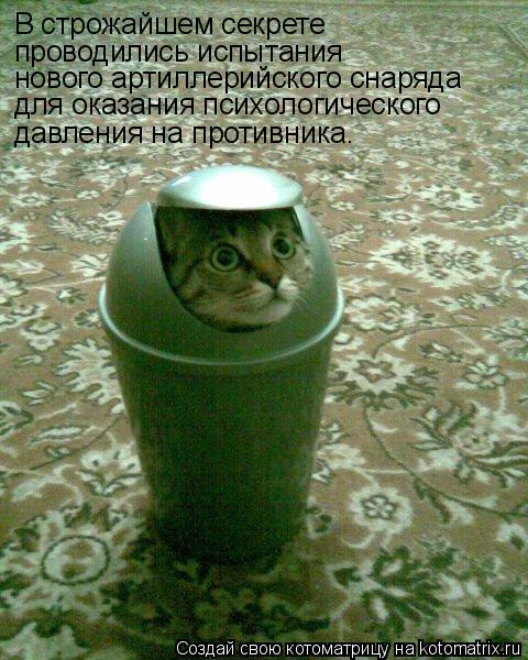 В строжайшем секрете проводились испытания нового артиллерийского снаряда для оказания психологическо... Котоматрица: В строжайшем секрете проводились испытания нового артиллерийского снаряда для оказания психологического давления на противника.