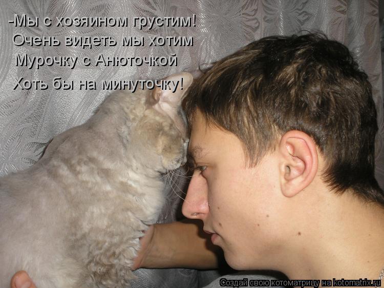 Котоматрица: -Мы с хозяином грустим! Очень видеть мы хотим Мурочку с Анюточкой Хоть бы на минуточку!