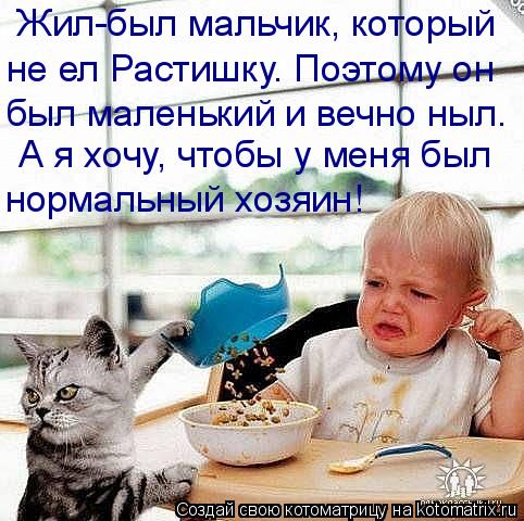 Жил-был мальчик, который не ел Растишку. Поэтому он был маленький и вечно ныл. А я хочу, чтобы у ме... Котоматрица: Жил-был мальчик, который не ел Растишку. Поэтому он был маленький и вечно ныл. А я хочу, чтобы у меня был нормальный хозяин!