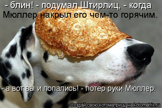- блин! - подумал Штирлиц, - когда Мюллер накрыл его чем-то горячим. - а вот вы и попались! - потер ... Котоматрица: - блин! - подумал Штирлиц, - когда Мюллер накрыл его чем-то горячим. - а вот вы и попались! - потер руки Мюллер.