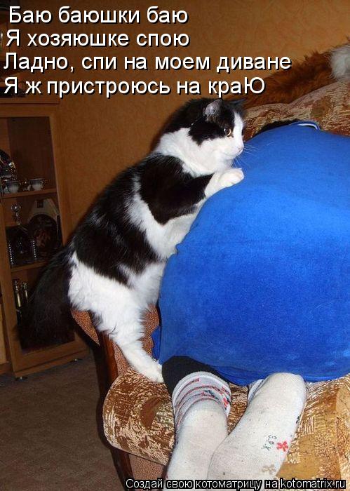 Баю баюшки баю Я хозяюшке спою Ладно, спи на моем диване Я ж пристроюсь на краЮ... Котоматрица: Баю баюшки баю Я хозяюшке спою Ладно, спи на моем диване Я ж пристроюсь на краЮ