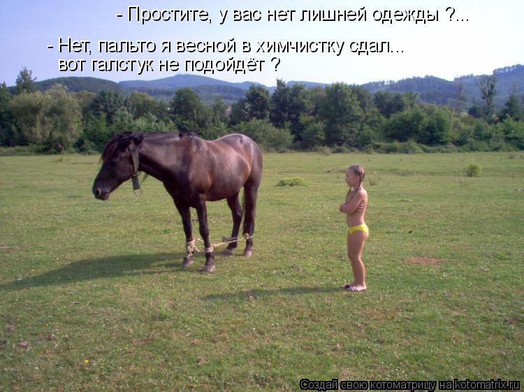 - Простите, у вас нет лишней одежды ?... - Нет, пальто я весной в химчистку сдал... вот галстук не по... Котоматрица: - Простите, у вас нет лишней одежды ?... - Нет, пальто я весной в химчистку сдал... вот галстук не подойдёт ?