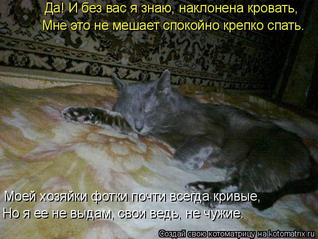 Да! И без вас я знаю, наклонена кровать, Мне это не мешает спокойно крепко спать. Моей хозяйки фотки ... Котоматрица: Да! И без вас я знаю, наклонена кровать, Мне это не мешает спокойно крепко спать. Моей хозяйки фотки почти всегда кривые, Но я ее не выдам, сво