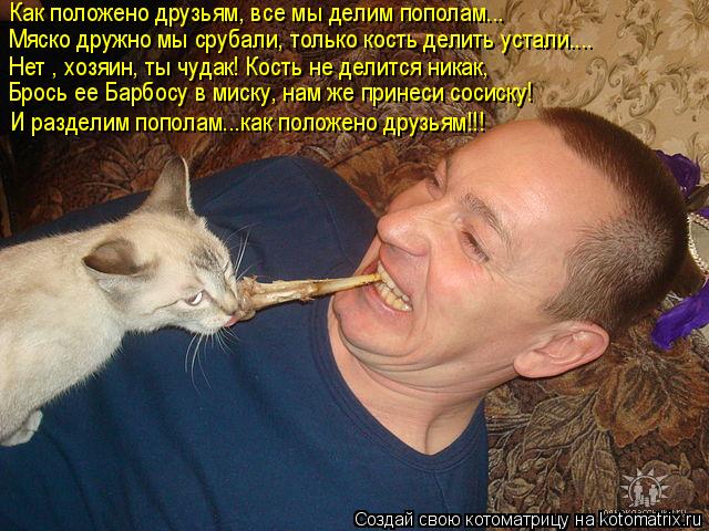 Как положено друзьям, все мы делим пополам... Мяско дружно мы срубали, только кость делить устали....... Котоматрица: Как положено друзьям, все мы делим пополам... Мяско дружно мы срубали, только кость делить устали.... Нет , хозяин, ты чудак! Кость не делится ни