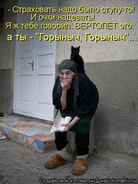 - Страховать надо было ступу-то! И очки надевать! Я ж тебе говорил: ВЕРТОЛЕТ это, а ты - "Горыныч, Го... Котоматрица: - Страховать надо было ступу-то! И очки надевать! Я ж тебе говорил: ВЕРТОЛЕТ это, а ты - "Горыныч, Горыныч"...