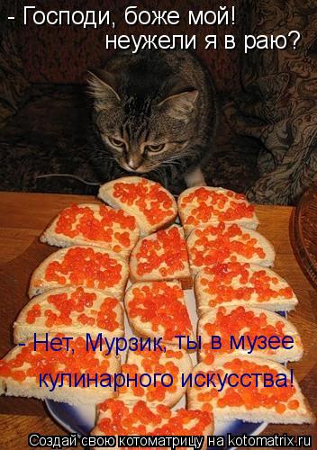 - Господи, боже мой! неужели я в раю? - Нет, Мурзик , ты в музее кулинарного искусства!... Котоматрица: - Господи, боже мой! неужели я в раю? - Нет, Мурзик , ты в музее кулинарного искусства!