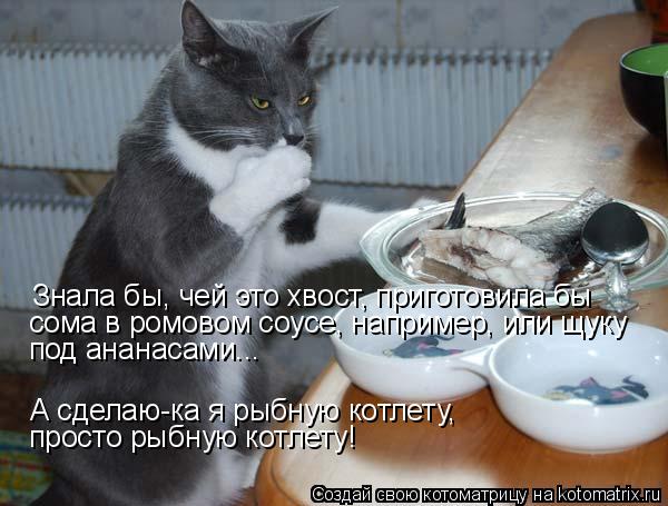 Знала бы, чей это хвост, приготовила бы сома в ромовом соусе, например, или щуку под ананасами... А... Котоматрица: Знала бы, чей это хвост, приготовила бы сома в ромовом соусе, например, или щуку под ананасами... А сделаю-ка я рыбную котлету, просто рыбную