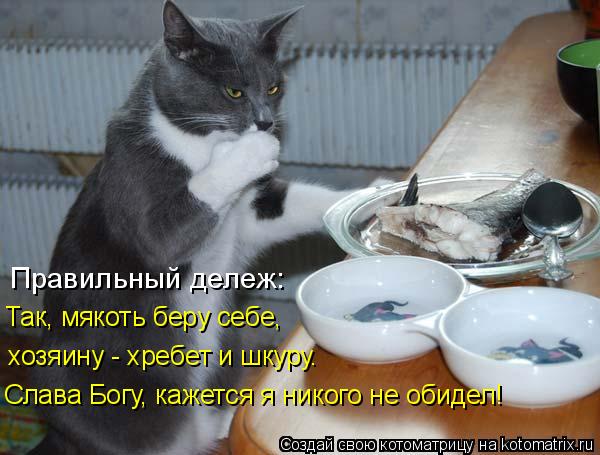 Правильный дележ: Так, мякоть беру себе, хозяину - хребет и шкуру. Слава Богу, кажется я никого не о... Котоматрица: Правильный дележ: Так, мякоть беру себе, хозяину - хребет и шкуру. Слава Богу, кажется я никого не обидел!