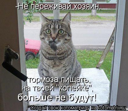 -Не переживай хозяин, тормоза пищать, на твоей "копейке", больше не будут!... Котоматрица: -Не переживай хозяин, тормоза пищать, на твоей "копейке", больше не будут!