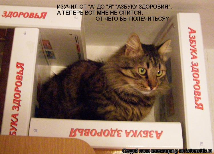 ИЗУЧИЛ ОТ "А" ДО "Я" "АЗБУКУ ЗДОРОВИЯ". А ТЕПЕРЬ ВОТ МНЕ НЕ СПИТСЯ: ОТ ЧЕГО БЫ ПОЛЕЧИТЬСЯ?... Котоматрица: ИЗУЧИЛ ОТ "А" ДО "Я" "АЗБУКУ ЗДОРОВИЯ". А ТЕПЕРЬ ВОТ МНЕ НЕ СПИТСЯ: ОТ ЧЕГО БЫ ПОЛЕЧИТЬСЯ?