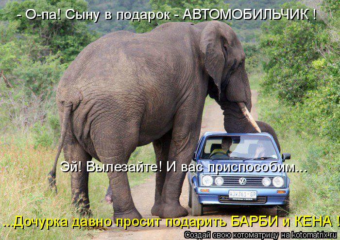 Котоматрица: - О-па! Сыну в подарок - АВТОМОБИЛЬЧИК ! Эй! Вылезайте! И вас приспособим... ...Дочурка давно просит подарить БАРБИ и КЕНА !