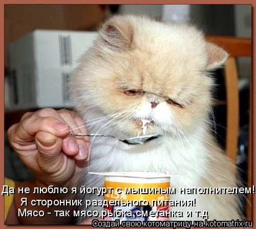 Да не люблю я йогурт с мышиным наполнителем! Я сторонник раздельного питания! Мясо - так мясо,рыбка,с... Котоматрица: Да не люблю я йогурт с мышиным наполнителем! Я сторонник раздельного питания! Мясо - так мясо,рыбка,сметанка и т.д