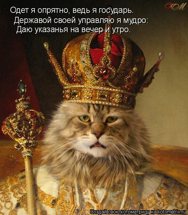 Одет я опрятно, ведь я государь. Державой своей управляю я мудро: Даю указанья на вечер и утро.... Котоматрица: Одет я опрятно, ведь я государь. Державой своей управляю я мудро: Даю указанья на вечер и утро.