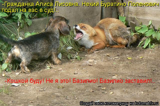 -Гражданка Алиса Лисовна. Некий Буратино Поленович подал на вас в суд!.. -Кошкой буду! Не я это! Баз... Котоматрица: -Гражданка Алиса Лисовна. Некий Буратино Поленович подал на вас в суд!.. -Кошкой буду! Не я это! Базилио! Базилио заставил!..