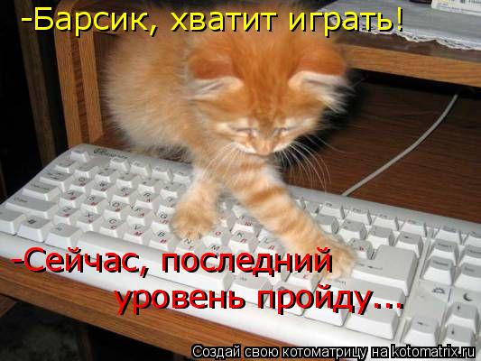 -Барсик, хватит играть! -Сейчас, последний уровень пройду... -Сейчас, последний уровень пройду...... Котоматрица: -Барсик, хватит играть! -Сейчас, последний уровень пройду... -Сейчас, последний уровень пройду...