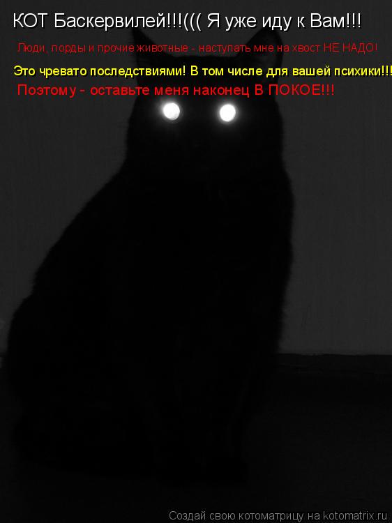 КОТ Баскервилей!!!((( Я уже иду к Вам!!! Люди, лорды и прочие животные - наступать мне на хвост НЕ НА... Котоматрица: КОТ Баскервилей!!!((( Я уже иду к Вам!!! Люди, лорды и прочие животные - наступать мне на хвост НЕ НАДО! Это чревато последствиями! В том числе дл