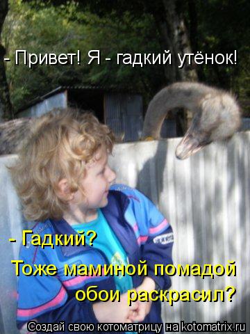 - Привет! Я - гадкий утёнок! - Гадкий? Тоже маминой помадой обои раскрасил?... Котоматрица: - Привет! Я - гадкий утёнок! - Гадкий? Тоже маминой помадой обои раскрасил?