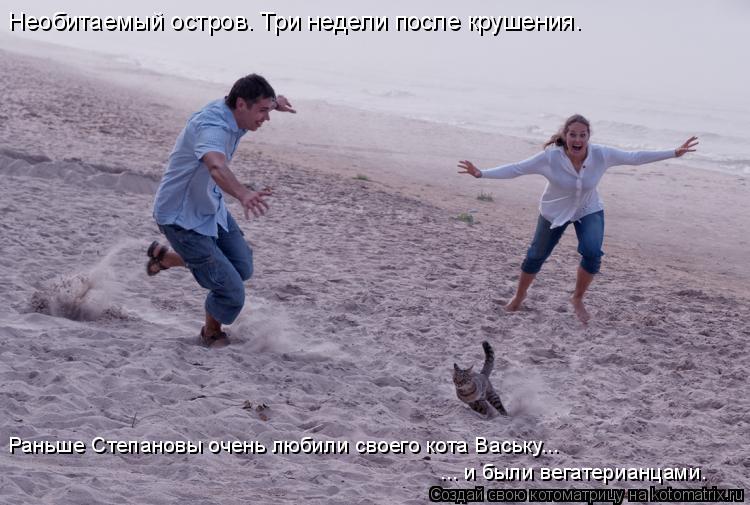 Котоматрица: Необитаемый остров. Три недели после крушения. Раньше Степановы очень любили своего кота Ваську... ... и были вегатерианцами.