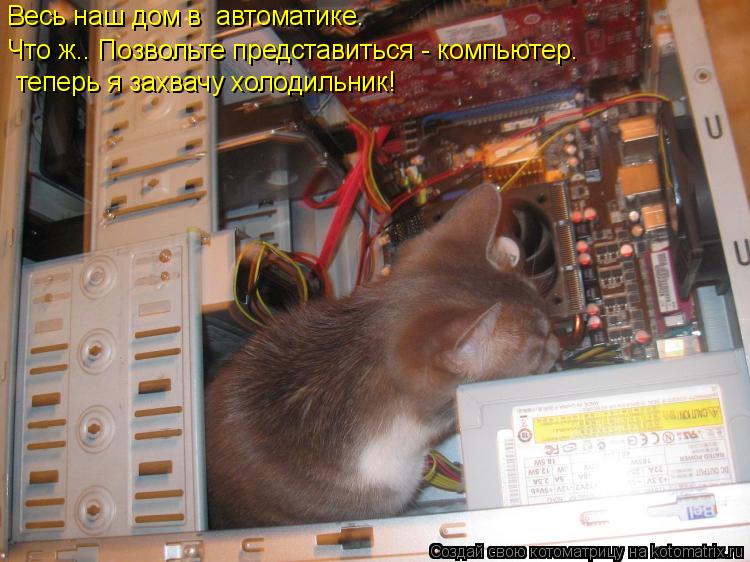 Котоматрица: Всеь наш дом в  автоматике.  Весь наш дом в  автоматике.  Что ж.. Позвольте представиться - компьютер.  теперь я захвачу холодильник!