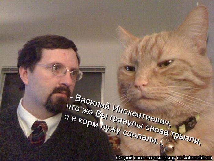 - Василий Инокентиевич, что же Вы гранулы снова грызли, а в корм лужу сделали...... Котоматрица: - Василий Инокентиевич, что же Вы гранулы снова грызли, а в корм лужу сделали...