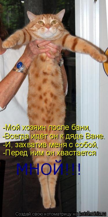 Котоматрица: -Мой хозяин после бани, -Всегда идёт он к дяде Ване. -И, захватив меня с собой, -Перед ним он хвастается МНОЙ!!!