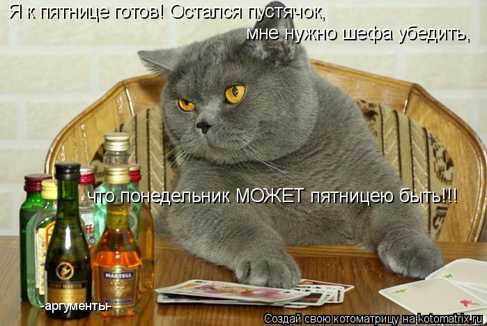 Котоматрица: Я к пятнице готов! Остался пустячок, мне нужно шефа убедить,  что понедельник МОЖЕТ пятницею быть!!! -аргументы-