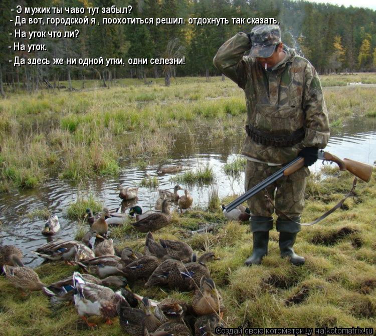 Котоматрица: - Э мужик ты чаво тут забыл? - Да вот, городской я , поохотиться решил. отдохнуть так сказать. - На уток что ли? - На уток. - Да здесь же ни одной ут