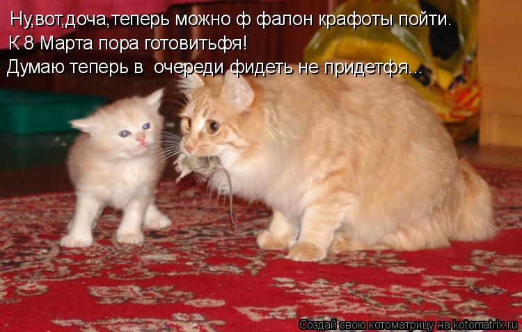 Котоматрица: Ну,вот,доча,теперь можно ф фалон крафоты пойти. К 8 Марта пора готовитьфя! Думаю теперь в  очереди фидеть не придетфя...