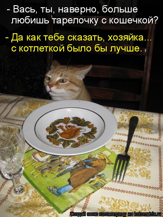 - Вась, ты, наверно, больше любишь тарелочку с кошечкой? - Да как тебе сказать, хозяйка... с котлетко... Котоматрица: - Вась, ты, наверно, больше любишь тарелочку с кошечкой? - Да как тебе сказать, хозяйка... с котлеткой было бы лучше.