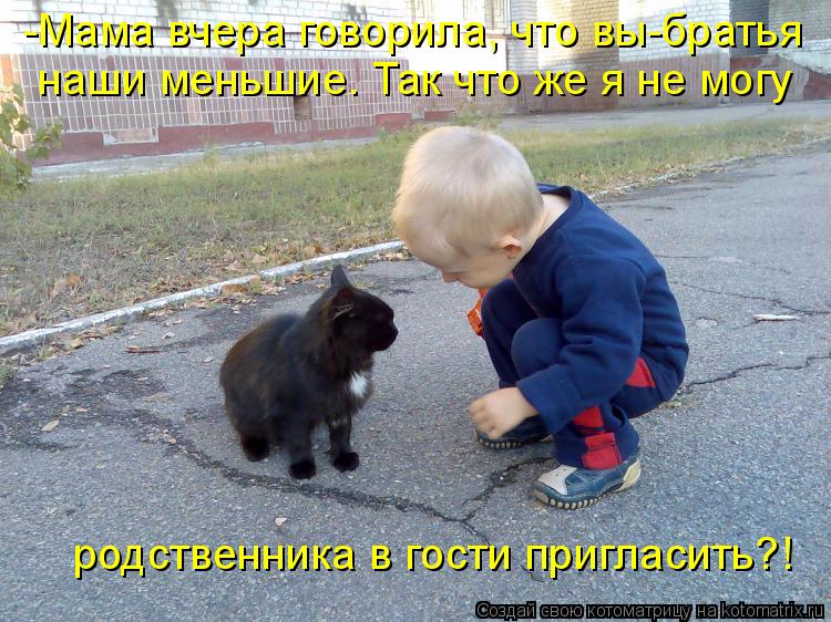 Котоматрица: -Мама вчера говорила, что вы-братья наши меньшие. Так что же я не могу родственника в гости пригласить?!