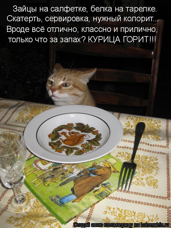 Зайцы на салфетке, белка на тарелке. Скатерть, сервировка, нужный колорит... Вроде всё отлично, клас... Котоматрица: Зайцы на салфетке, белка на тарелке. Скатерть, сервировка, нужный колорит... Вроде всё отлично, классно и прилично, только что за запах? КУРИЦ