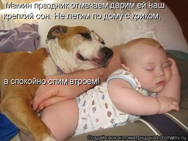 Мамин праздник отмечаем,дарим ей наш крепкий сон. Не летим по дому с криком, а спокойно спим втроем!... Котоматрица: Мамин праздник отмечаем,дарим ей наш крепкий сон. Не летим по дому с криком, а спокойно спим втроем!