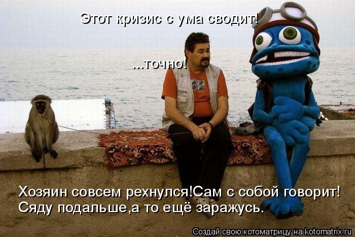 Котоматрица: Этот кризис с ума сводит! ...точно! Хозяин совсем рехнулся!Сам с собой говорит! Сяду подальше,а то ещё заражусь.