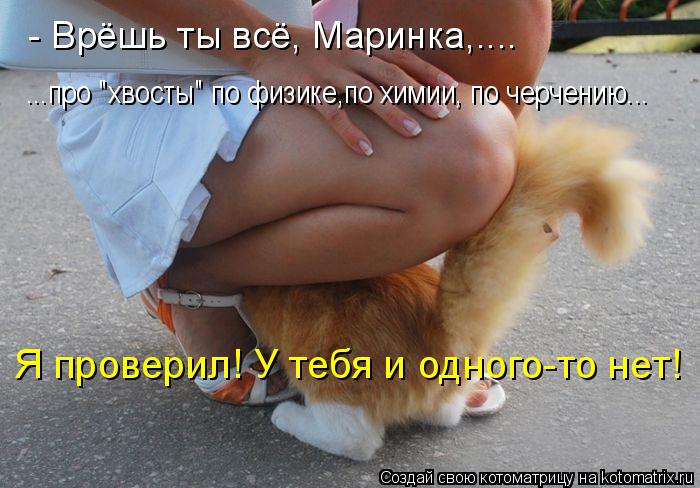 - Врёшь ты всё, Маринка,.... Я проверил! У тебя и одного-то нет! ...про "хвосты" по физике,по химии, ... Котоматрица: - Врёшь ты всё, Маринка,.... Я проверил! У тебя и одного-то нет! ...про "хвосты" по физике,по химии, по черчению... ...
