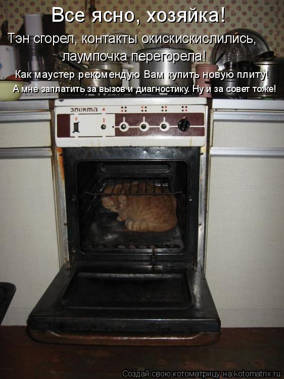 Котоматрица: Все ясно, хозяйка! Тэн сгорел, контакты окискискислились, лаумпочка перегорела! Как маустер рекомендую Вам купить новую плиту! А мне заплат
