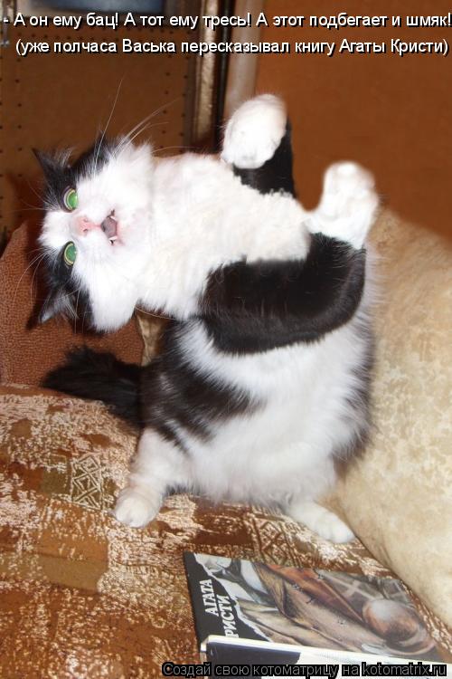 - А он ему бац! А тот ему тресь! А этот подбегает и шмяк! (уже полчаса Васька пересказывал книгу Агат... Котоматрица: - А он ему бац! А тот ему тресь! А этот подбегает и шмяк! (уже полчаса Васька пересказывал книгу Агаты Кристи)