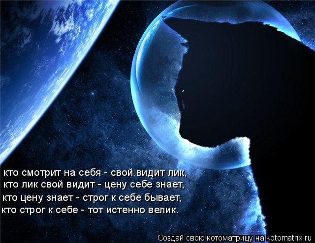 Котоматрица: кто смотрит на себя - свой видит лик, кто лик свой видит - цену себе знает, кто цену знает - строг к себе бывает, кто строг к себе - тот истенно в