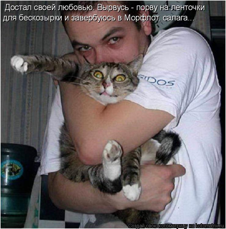 Котоматрица: Достал своей любовью. Вырвусь - порву на ленточки для бескозырки и завербуюсь в Морфлот, салага...