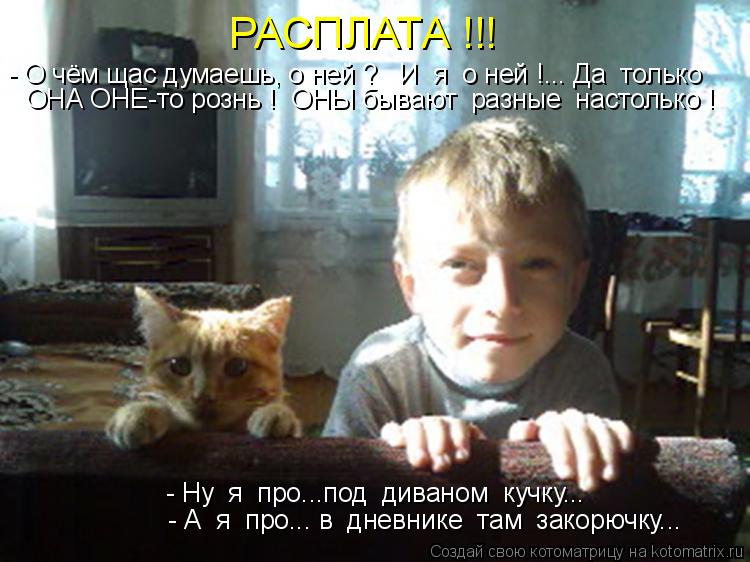 Котоматрица: - Ну  я  про...под  диваном  кучку... - О чём щас думаешь, о ней ?   И  я  о ней !... Да  только ОНА ОНЕ-то рознь !  ОНЫ бывают  разные  настолько ! Р