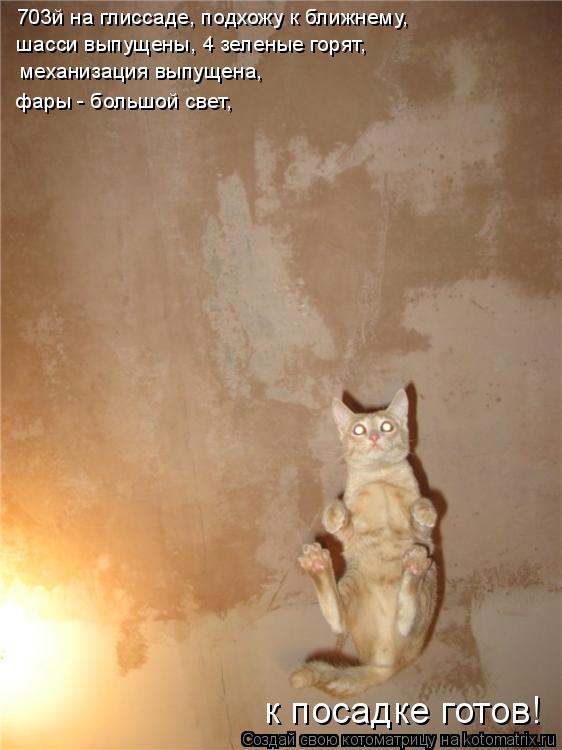 Котоматрица: 703й на глиссаде, подхожу к ближнему,  шасси выпущены, 4 зеленые горят,  механизация выпущена,  фары - большой свет,  к посадке готов!