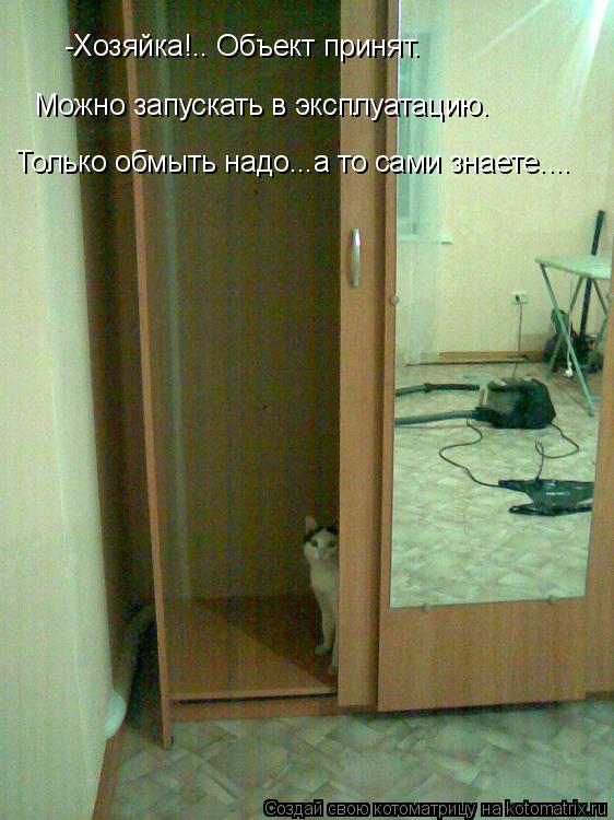 -Хозяйка!.. Объект принят. Можно запускать в эксплуатацию. Только обмыть надо...а то сами знаете....... Котоматрица: -Хозяйка!.. Объект принят. Можно запускать в эксплуатацию. Только обмыть надо...а то сами знаете....