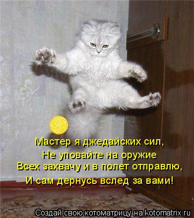 Котоматрица: Мастер я джедайских сил, Не уповайте на оружие Всех захвачу и в полет отправлю, И сам дернусь вслед за вами!