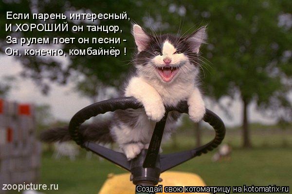 Котоматрица: Если парень интересный, И ХОРОШИЙ он танцор, Он, конечно, комбайнер ! За рулем поет он песни - ..