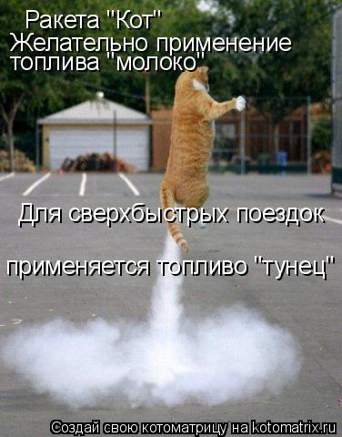 Котоматрица: Ракета "Кот" Желательно применение топлива "молоко" Для сверхбыстрых поездок применяется топливо "тунец"